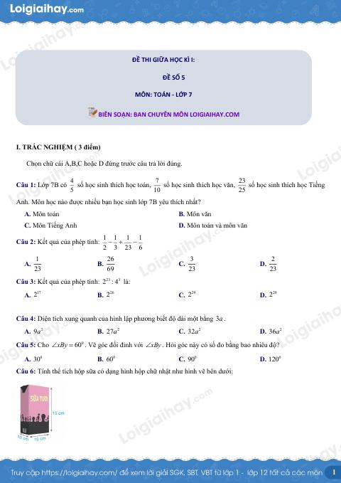 Đề thi giữa kì 1 Toán 7 - Đề số 5
